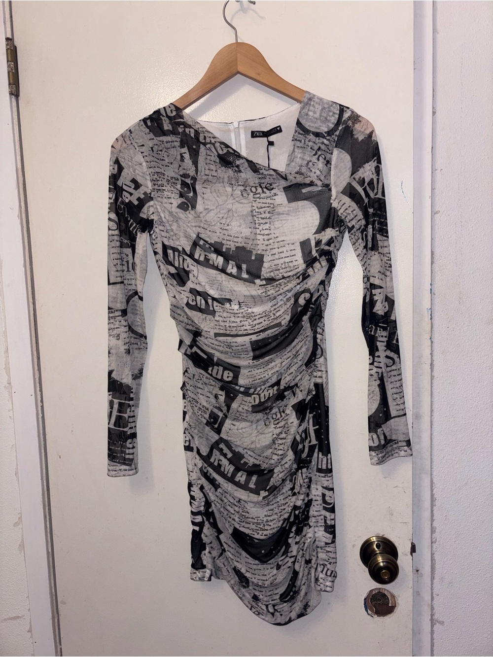 Zara Black & White Graphic Newspaper-Print Long Sleeve Dress